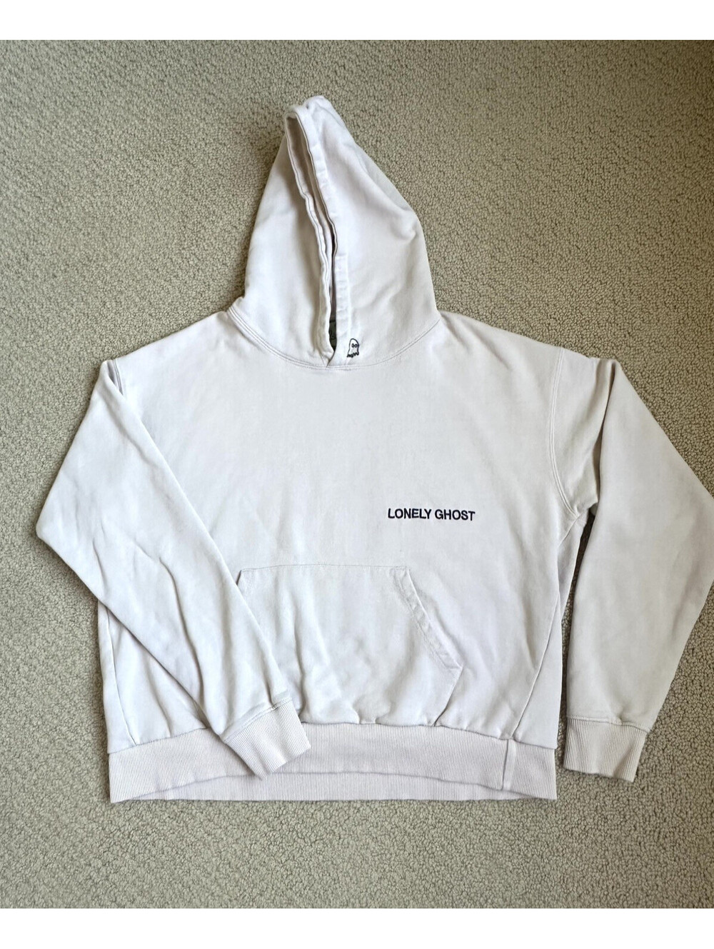 Lonely Ghost Hoodie Sweatshirt Beige Ghost Embroidered Men's Size Large Grunge